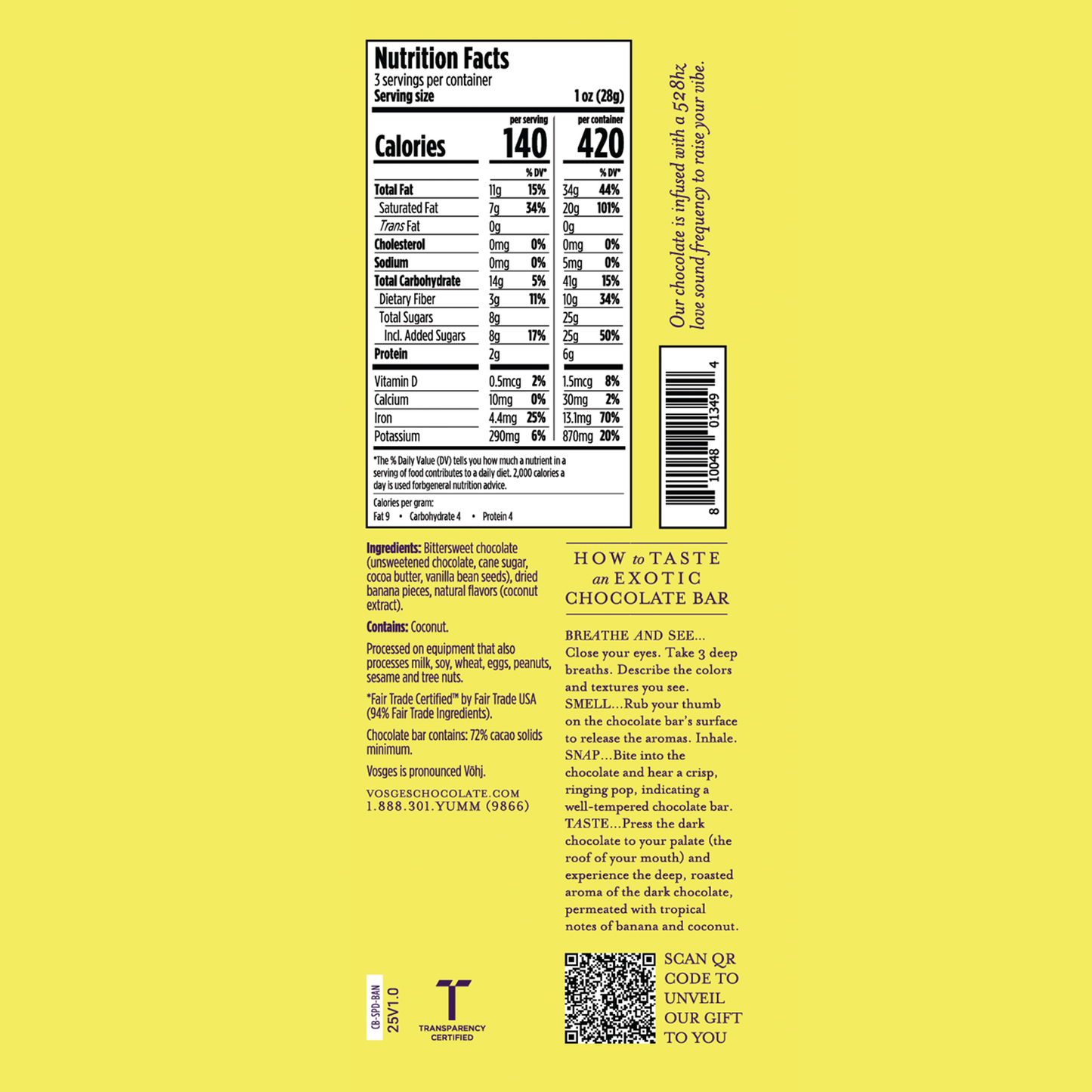 A picture of the Banana Coconut Chocolate Bar nutritional fact panel.
