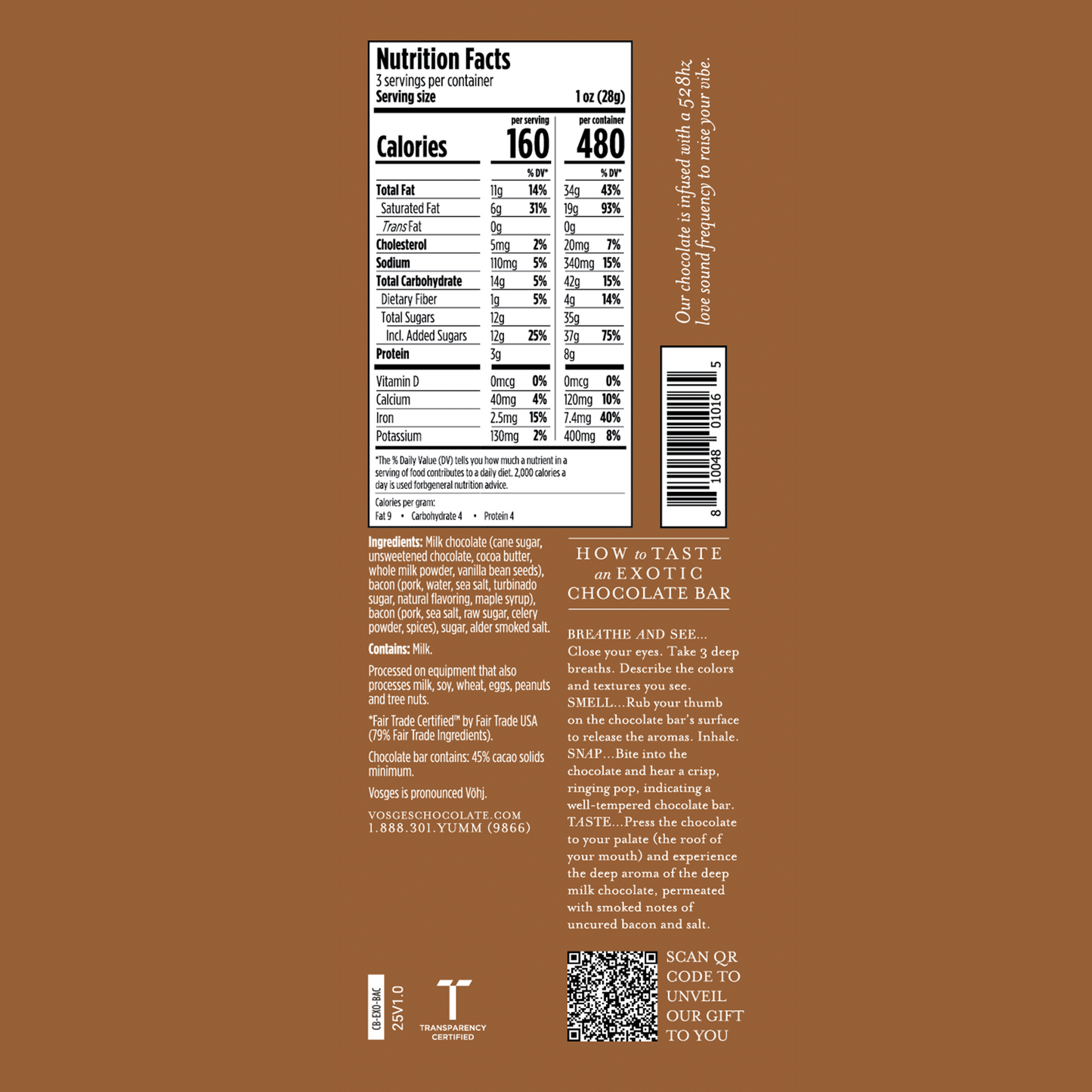 Nutrition facts panel for 3 ounce Vosges Mo's Milk Chocolate Bacon bar