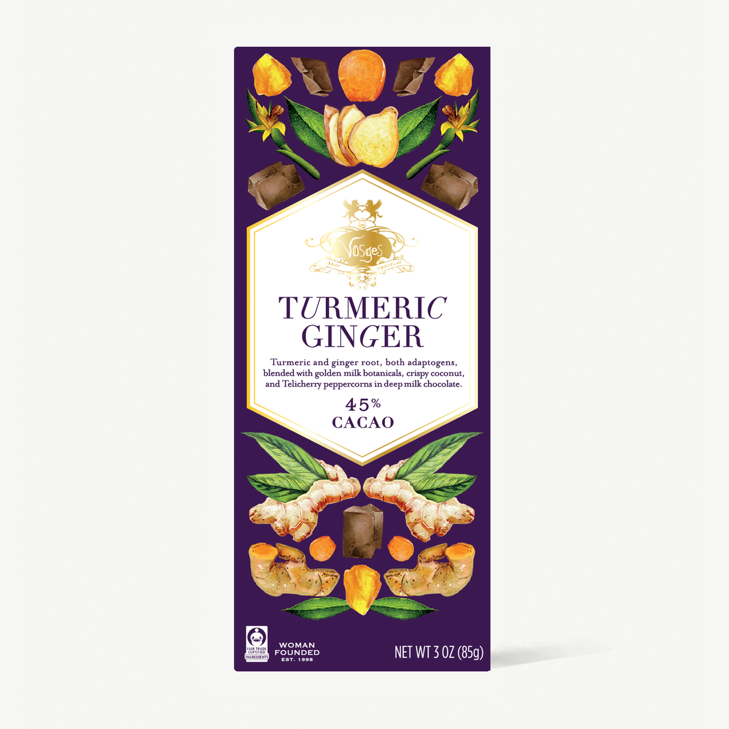 3 ounce milk chocolate bar with turmeric, ginger and crispy coconut pieces.