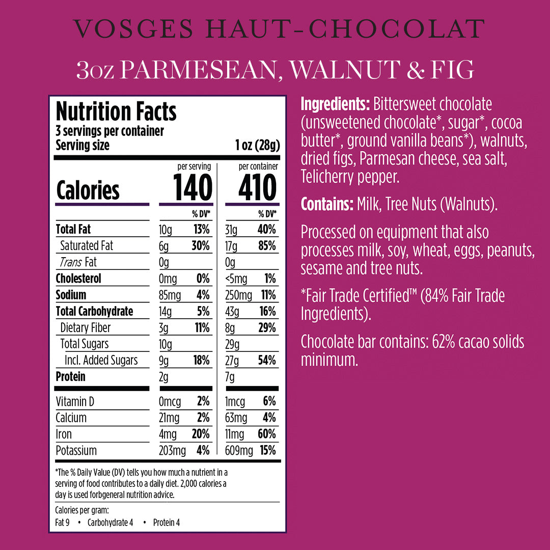 A product information card for Vosges Haut-Chocolat chocolate, featuring a Nutrition Facts panel and ingredient list on a deep magenta background. The text specifies '3oz PARMESAN, WALNUT & FIG' and lists ingredients like bittersweet chocolate, cocoa butter, ground vanilla beans, walnuts, dried figs, parmesan cheese, sea salt, and tellicherry pepper.