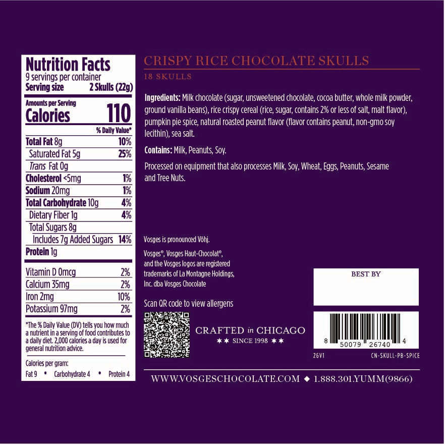 The back panel of a container of Chocolate 'Crispy Rice Chocolate Skulls' showing the nutrition facts, ingredients list, and product details on a solid dark purple background.