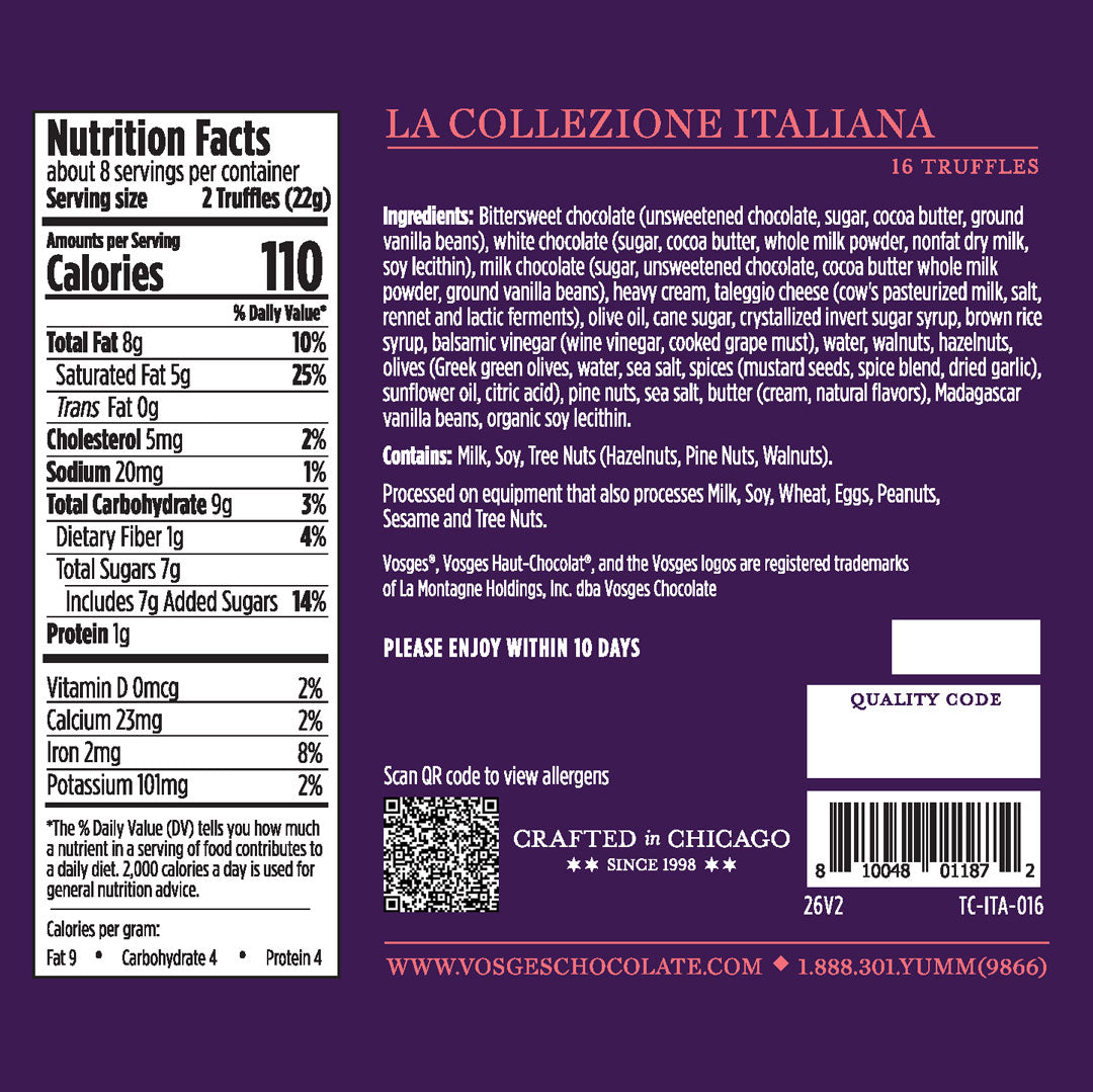 Back panel of La Collezione Italiana chocolate box showing nutrition facts and ingredients on purple packaging.