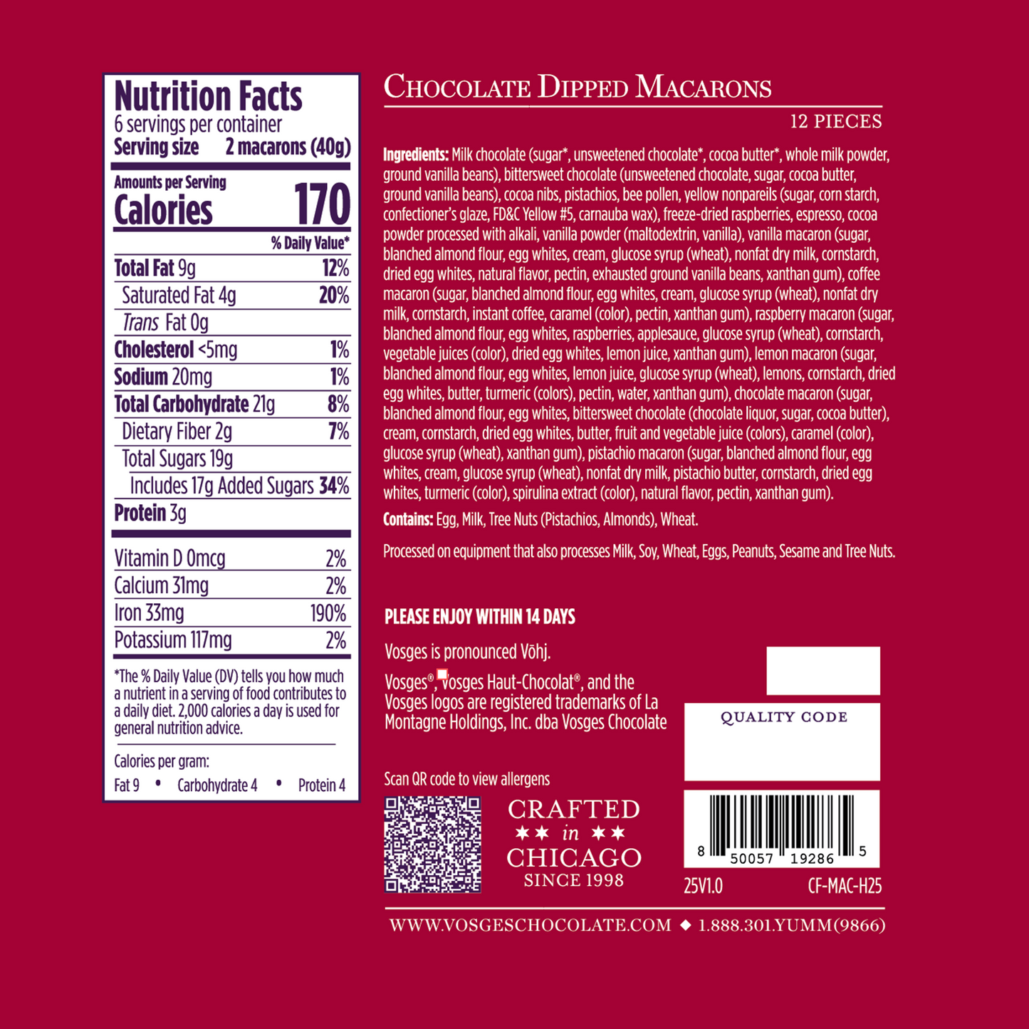 Back of a chocolate dipped macaron packaging with nutrition facts and ingredient list on a red background.