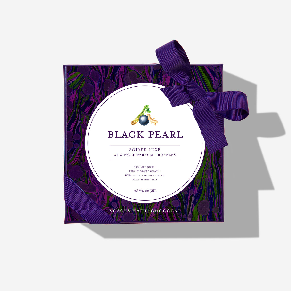 Purple marbled gift box tied with a large purple ribbon for Black Pearl Truffles