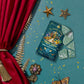 Packaged product with decorative elements on a blue background