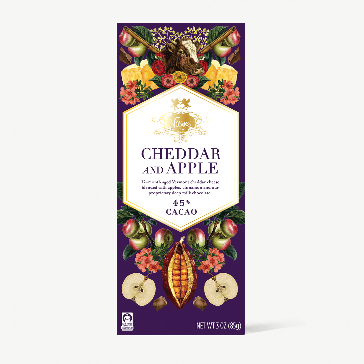 A tall rectangular chocolate bar package labeled 'Cheddar and Apple' by The Confectionery. The package is deep purple with an illustrated label panel showing cheddar cheese, apple slices, flowers, and cocoa pods, plus text including '45% Cacao' and 'Net Wt 3 oz (85g)'.