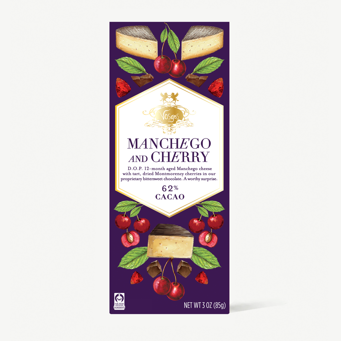 A 3 oz chocolate bar package for 'L'Envers' brand, featuring a deep purple background with illustrations of manchego cheese, cherries, and cocoa. The central label reads 'MANCHEGO AND CHERRY.'