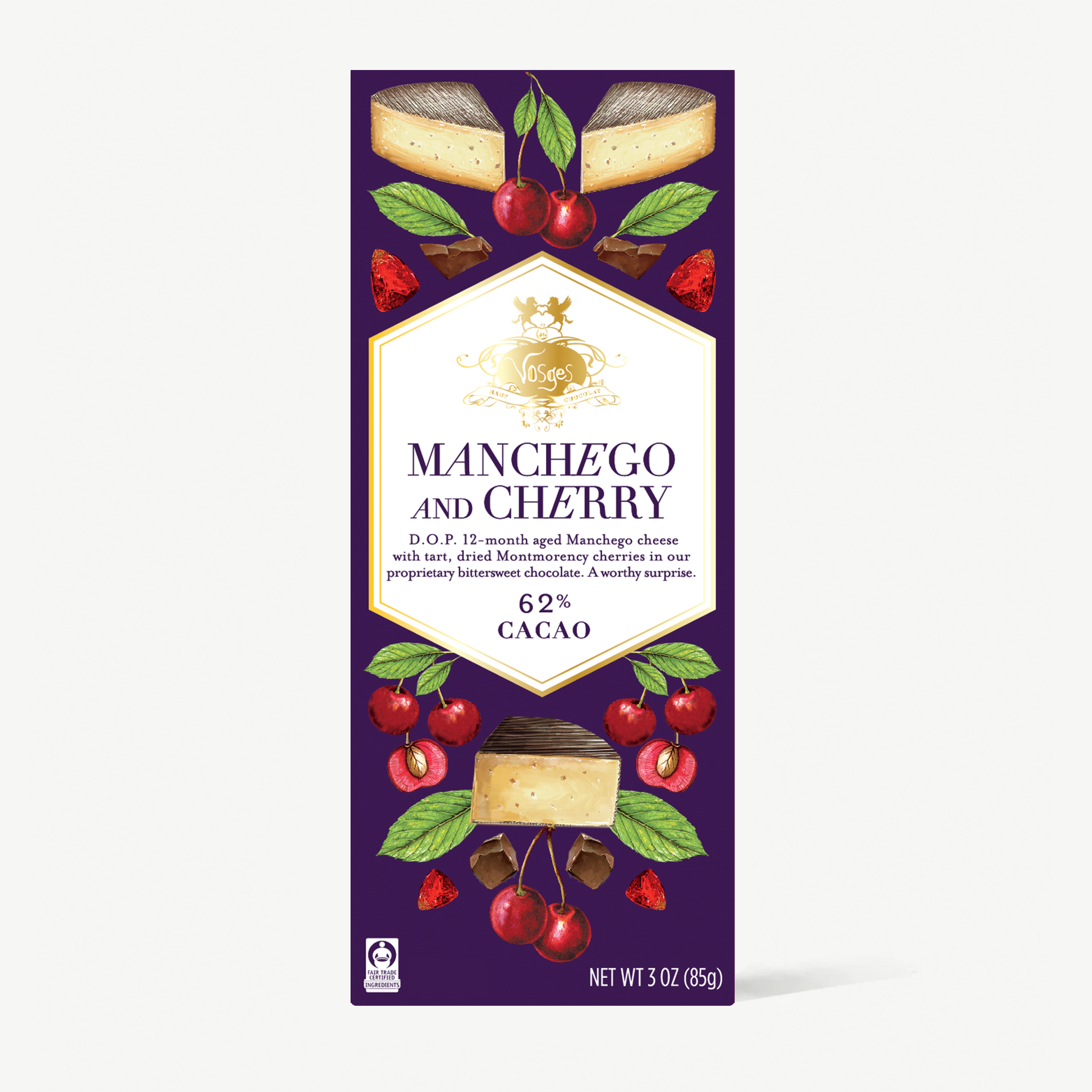 A 3 oz chocolate bar package for 'L'Envers' brand, featuring a deep purple background with illustrations of manchego cheese, cherries, and cocoa. The central label reads 'MANCHEGO AND CHERRY.'