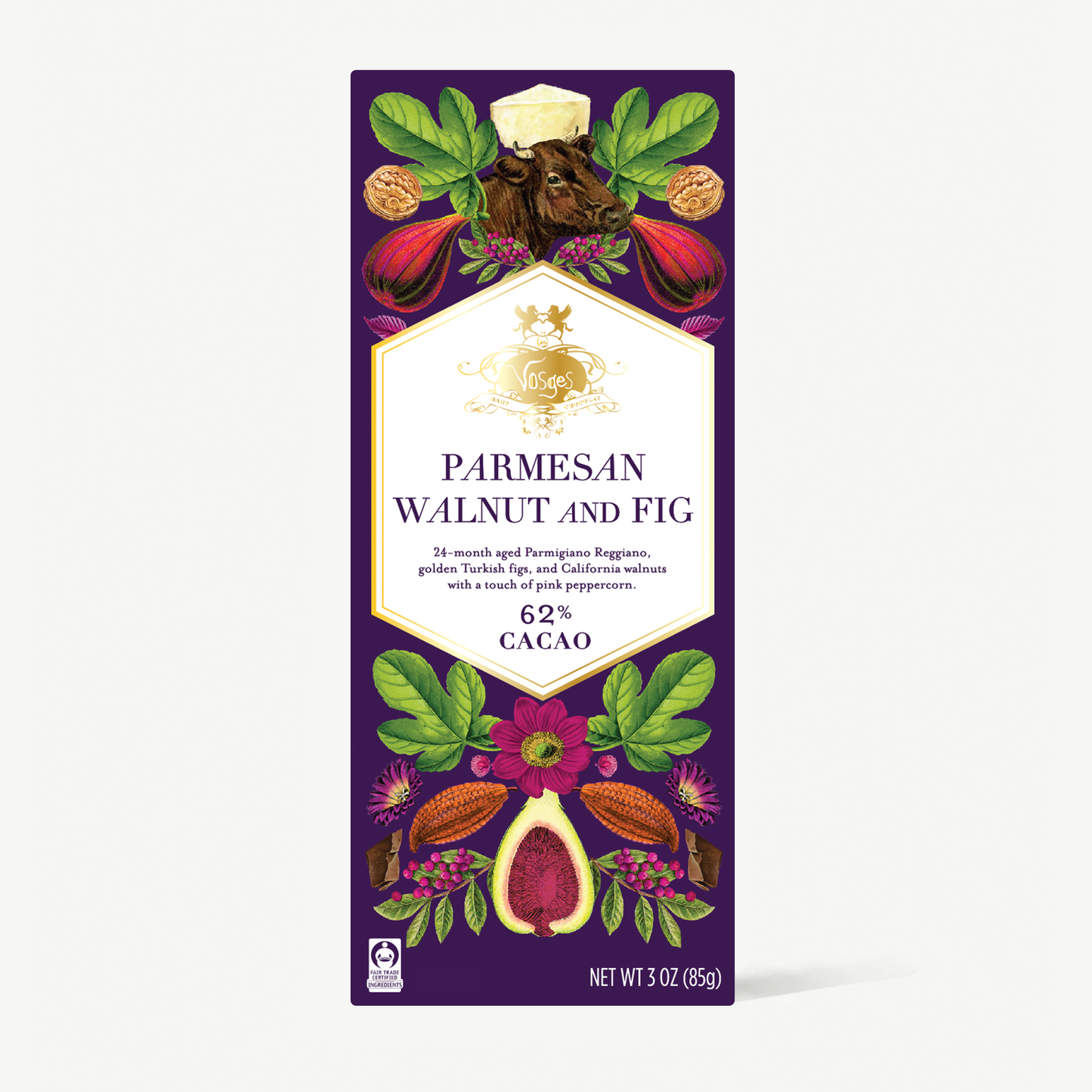 A tall rectangular package of King Cacao Parmesan Walnut and Fig chocolate, featuring a deep purple background with illustrated walnuts, figs, leaves, and a central white label with gold text.