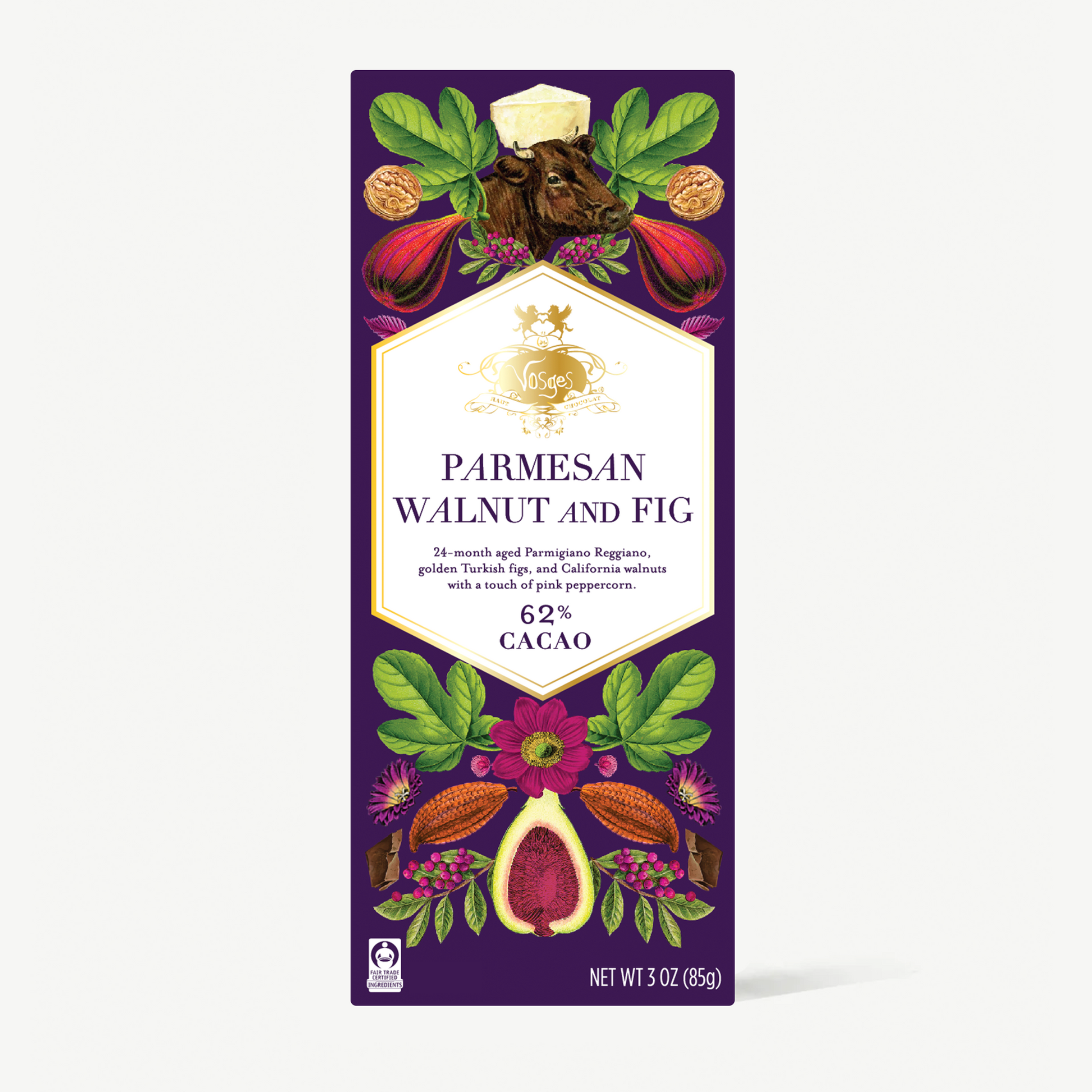 A tall rectangular package of King Cacao Parmesan Walnut and Fig chocolate, featuring a deep purple background with illustrated walnuts, figs, leaves, and a central white label with gold text.