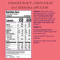 A pink product information card for a Vosges Haut-Chocolat chocolate bar, showing a Nutrition Facts label and ingredient list with text describing the 3 oz cheddar and apple flavor.