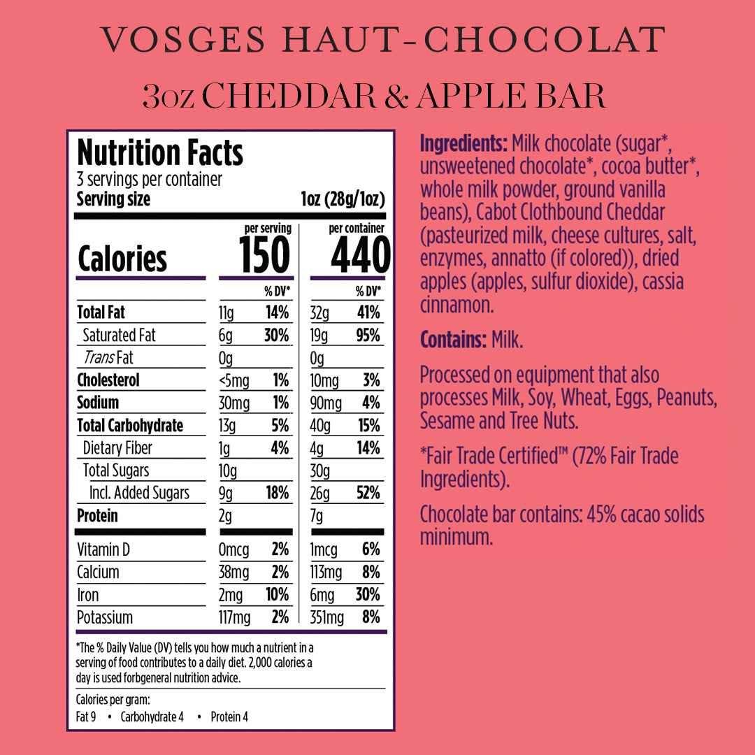 A pink product information card for a Vosges Haut-Chocolat chocolate bar, showing a Nutrition Facts label and ingredient list with text describing the 3 oz cheddar and apple flavor.