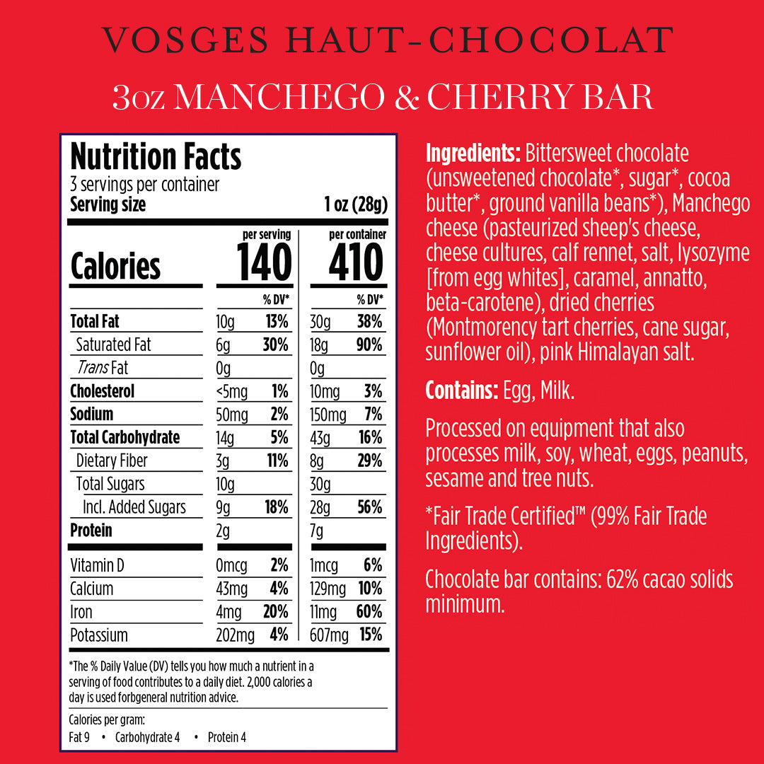 A front-facing package panel for a Vosges Haut-Chocolat 3oz Manchego & Cherry Bar, showing a Nutrition Facts label and ingredients text on a white background.