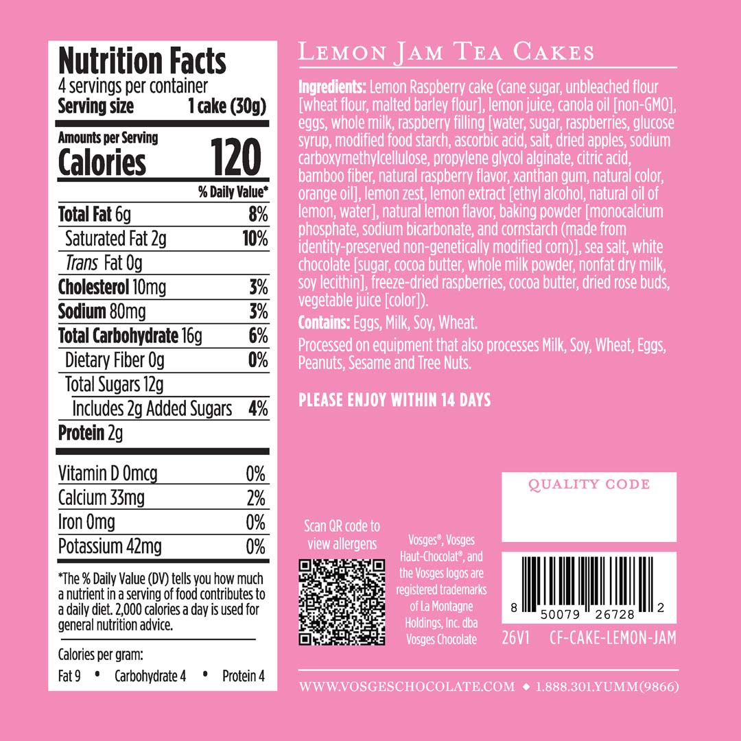 Nutrition label and ingredients list for Lemon Jam Tea Cakes on a pink background