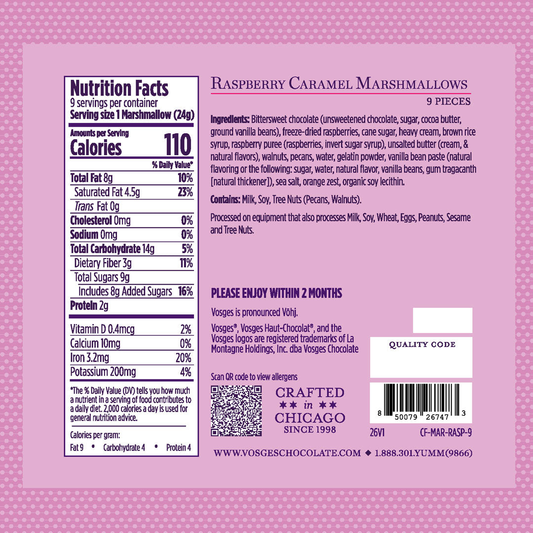 Back of Raspberry Caramel Marshmallows packaging with nutrition facts panel and ingredients on pink purple label.