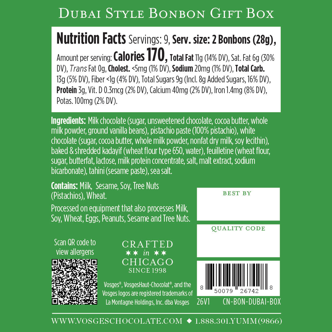 Nutrition facts and ingredient list for a Dubai Style Bonbon Gift Box on a green background.