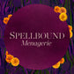 Spellbound Chocolate Menagerie circular burgundy label with orange marigolds on a marbled purple background
