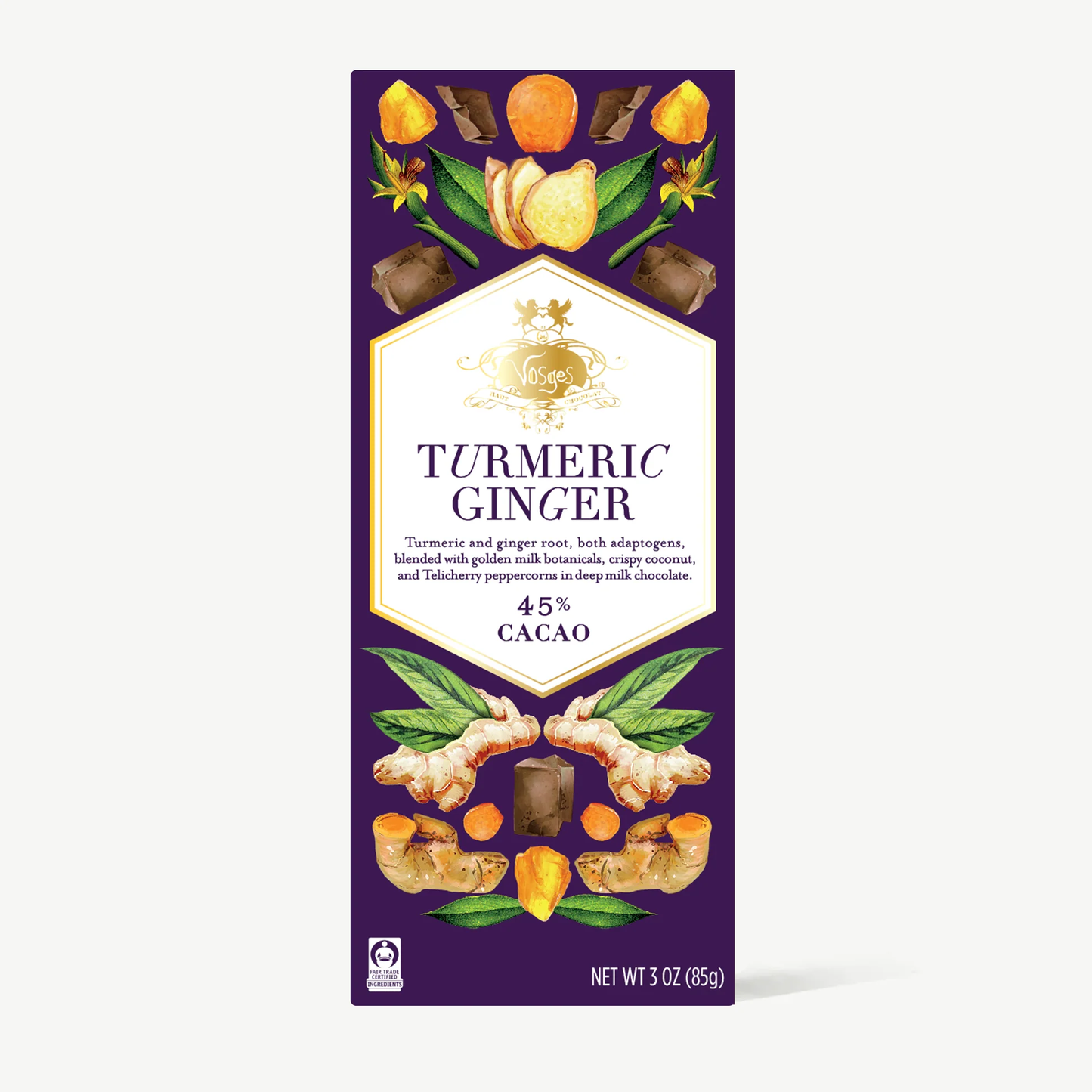 Turmeric Ginger chocolate bar packaging with ingredients on a white background