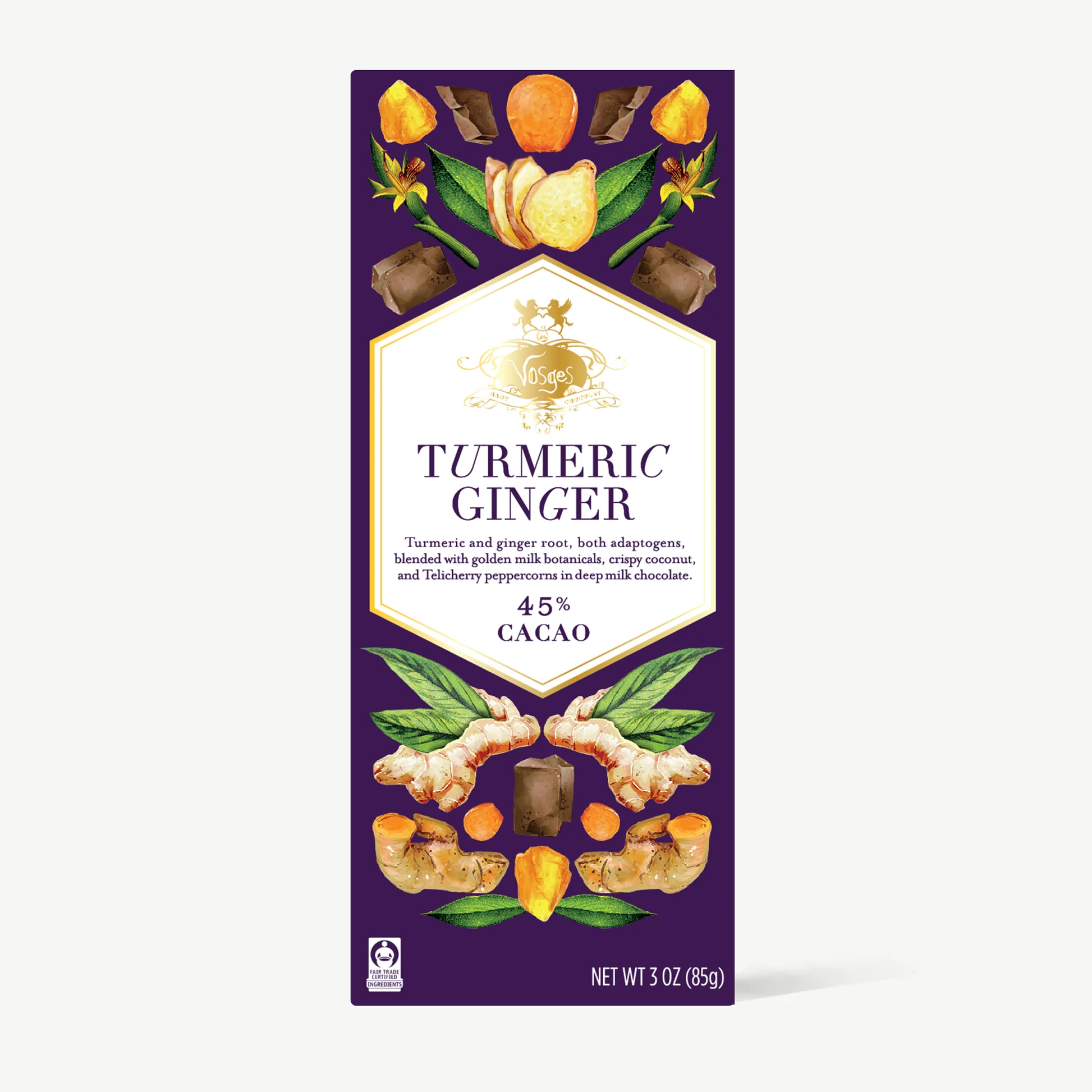 Turmeric Ginger chocolate bar packaging with ingredients on a white background