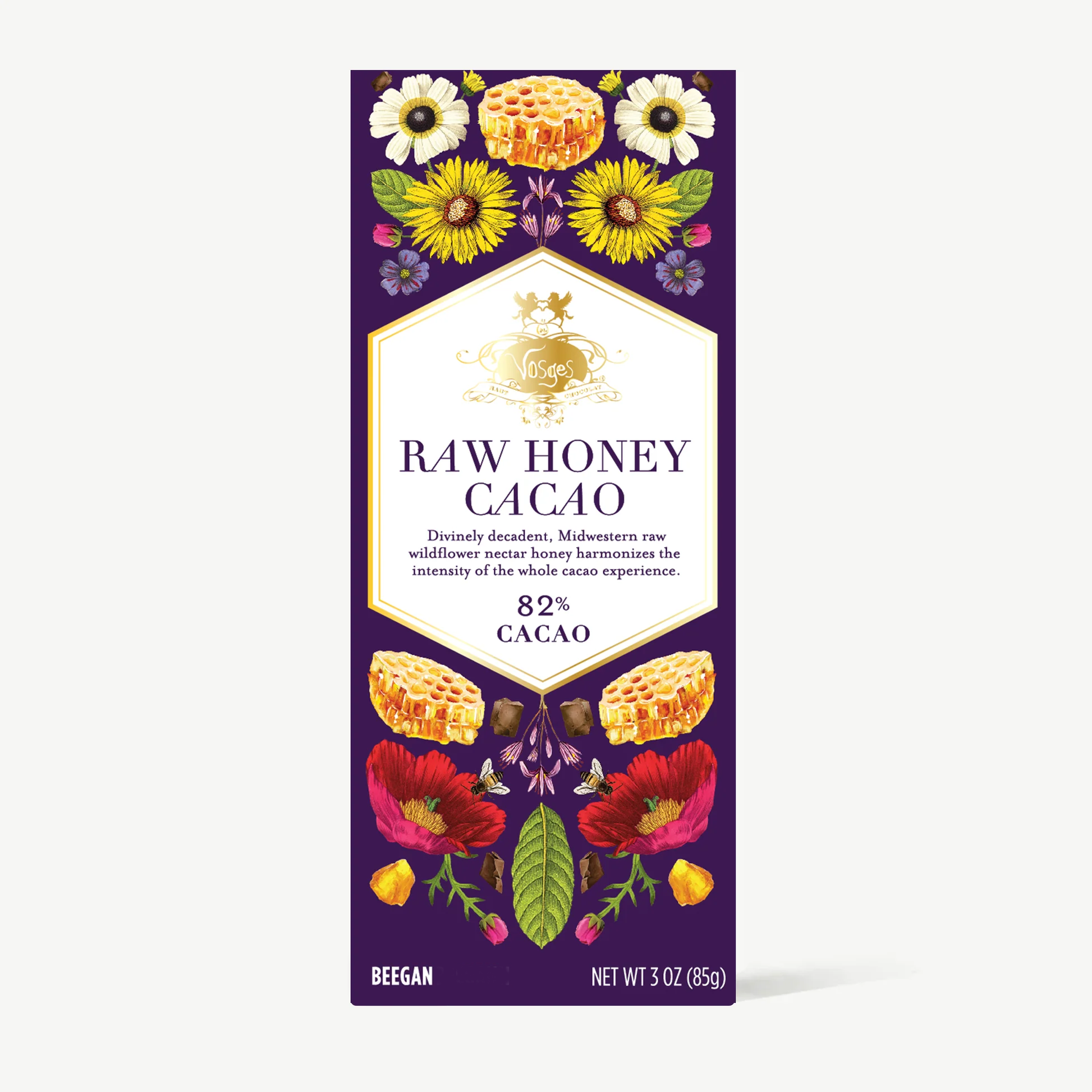 Raw honey cacao bar packaging with floral and honeycomb design on a white background