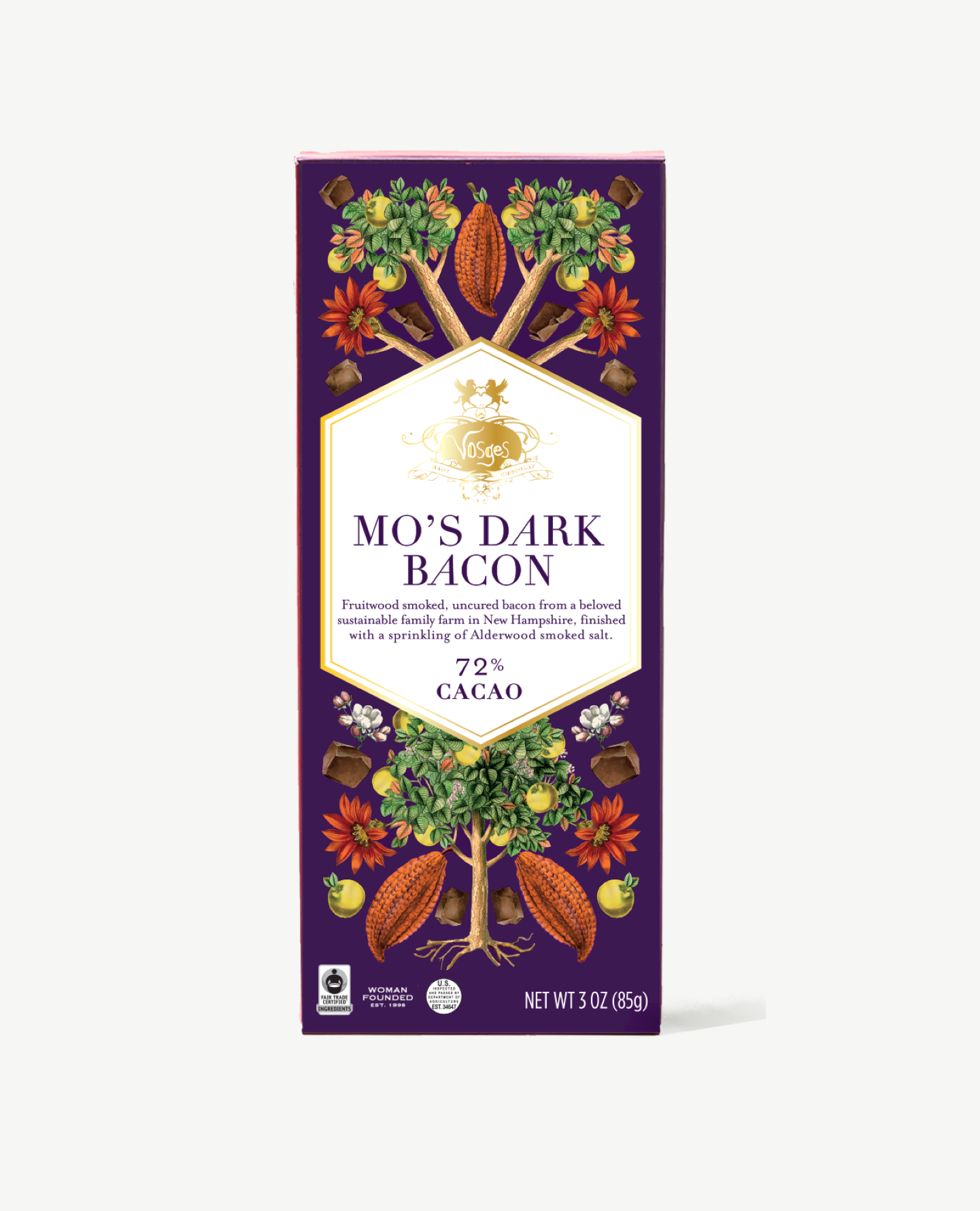 Box of Mo's Dark Bacon chocolate with a purple background and cacao tree illustration.