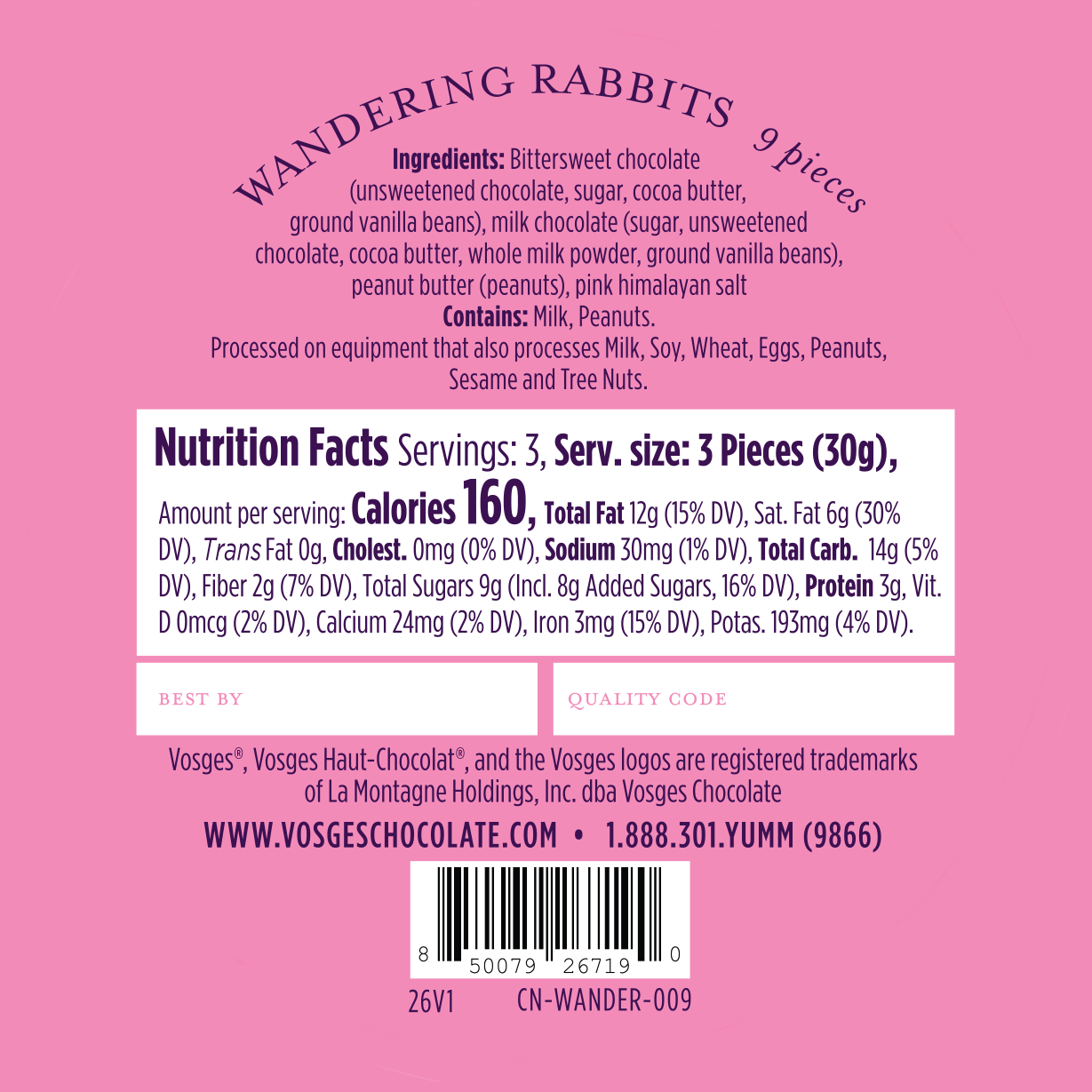 Nutrition facts label for Vosges chocolate on a pink background