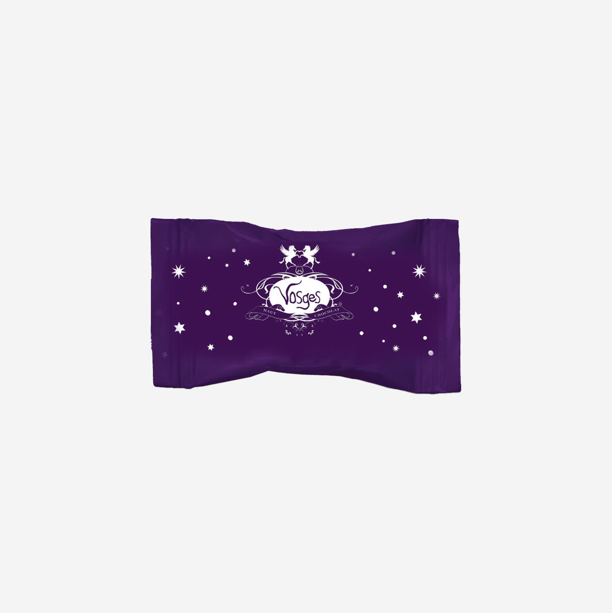 Purple Vosges chocolate bonbon bag with white starry design and central logo