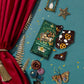 Chocolate bars with decorative packaging on a blue surface with red curtain and decorative elements.