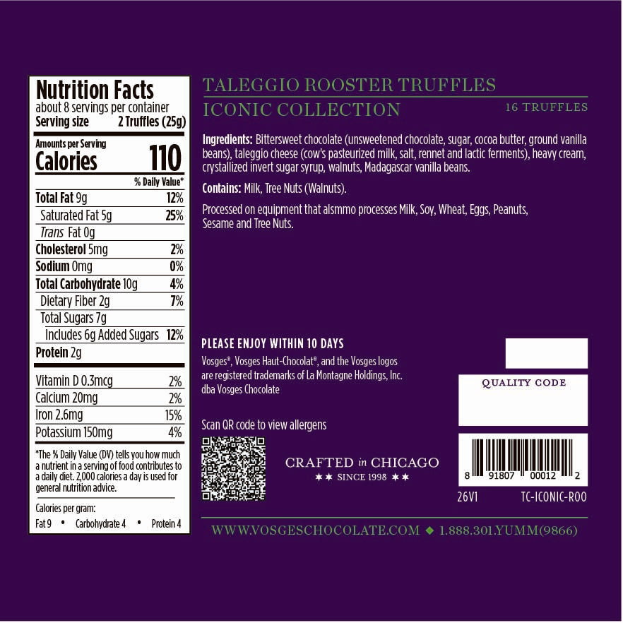 Back of purple Vosges packaging for Taleggio Rooster Truffles Iconic Collection with nutrition facts and barcode