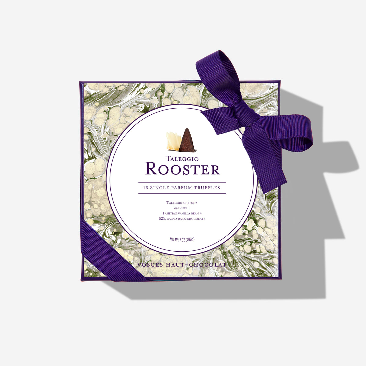 Spellbound Chocolate Menagerie gift box with marbled pattern and purple ribbon