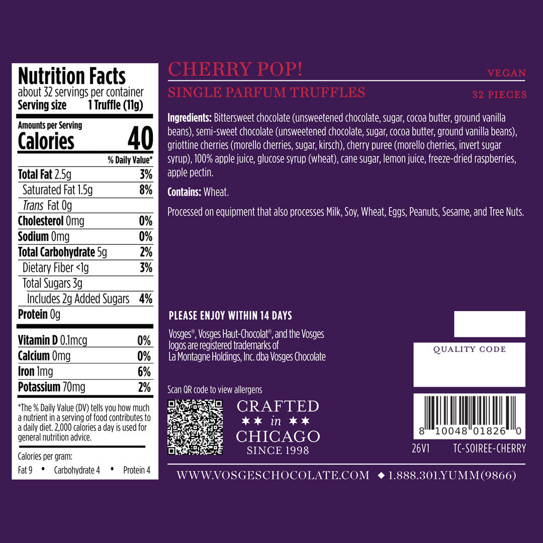 Voges Cherry Pop! Single Parfum Truffles label with nutrition facts and ingredients on a purple background
