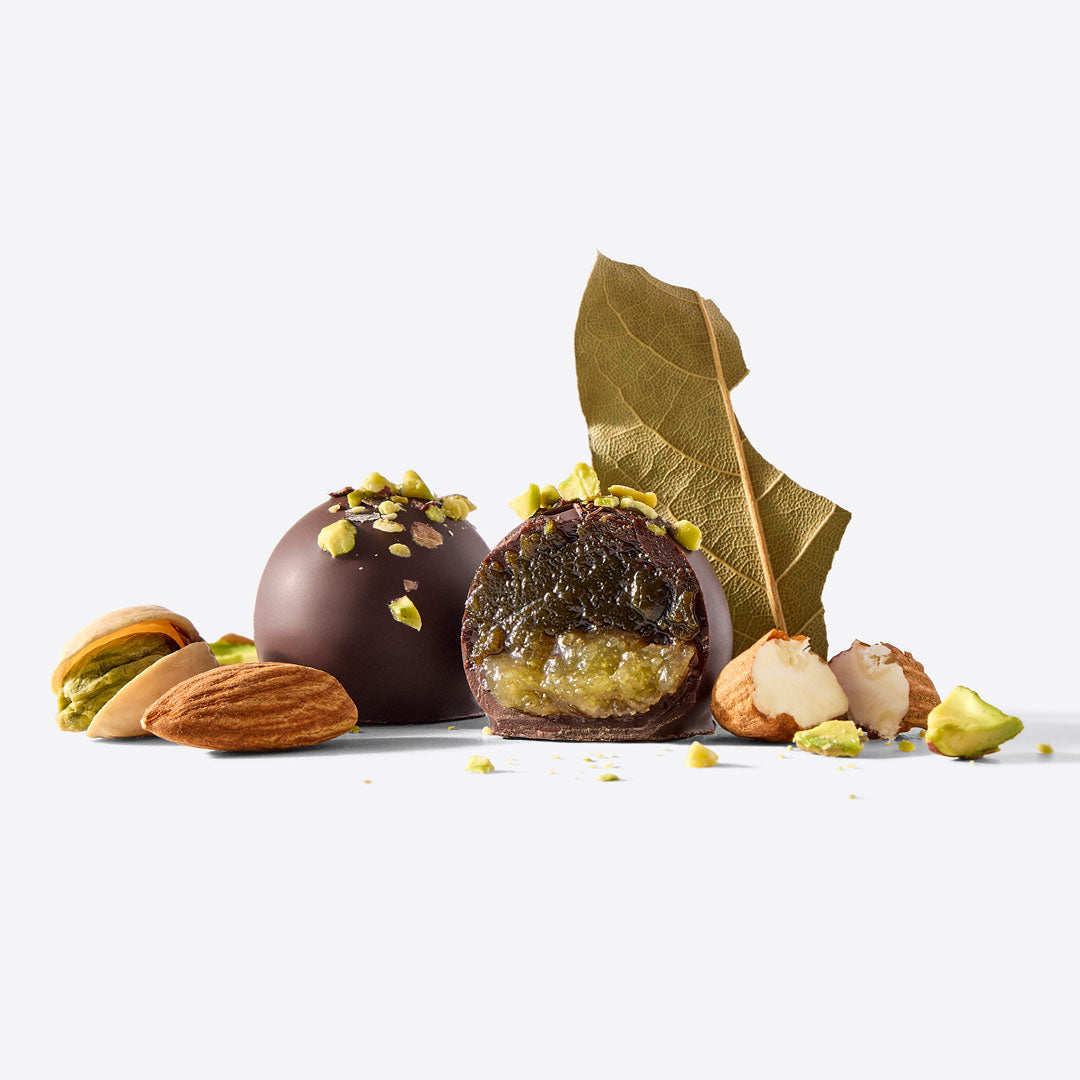 Enchanted Magic Chocolate Tower truffles with pistachio toppings and a cut-open center, arranged with almonds and a large leaf on a white background.