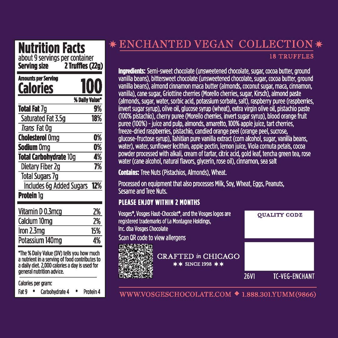 Purple Vosges packaging for Enchanted Vegan Collection with a nutrition facts panel left and ingredients on the right.