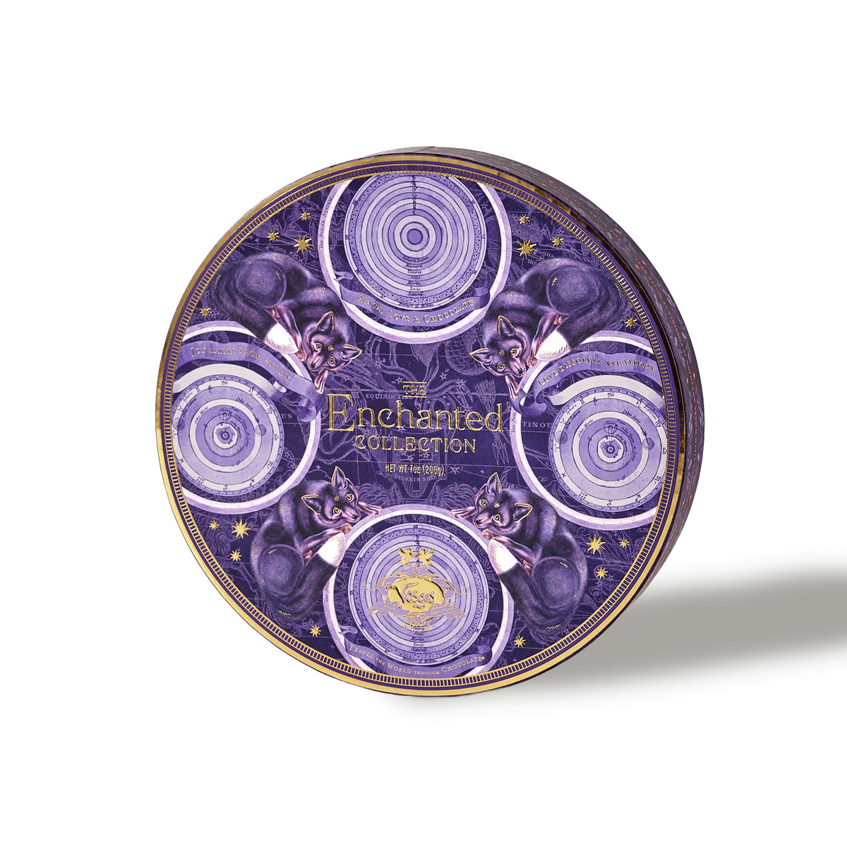 Close up of Enchanted Vegan Truffles purple tin with intricate circular designs