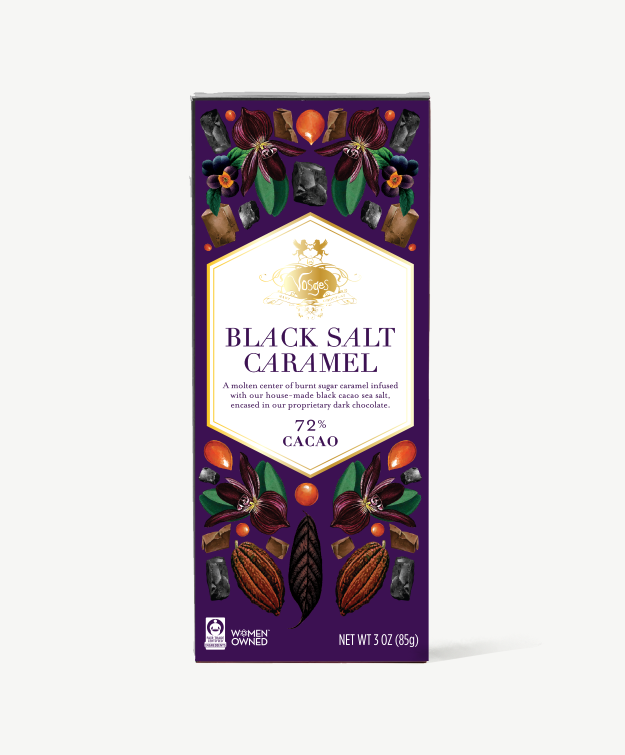A 3 ounce Vosges Black Salt Caramel bar 
